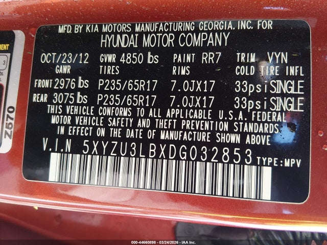 Aukcja sprzedaży 2013 Hyundai Santa Fe Sport, vin: 5XYZU3LBXDG032853, numer aukcji: 44660898