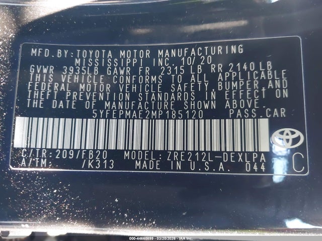 Aukcja sprzedaży 2021 Toyota Corolla Le, vin: 5YFEPMAE2MP185120, numer aukcji: 44660899