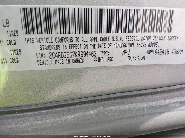 2019 Dodge Grand Caravan Gt მანქანა იყიდება აუქციონზე, vin: 2C4RDGEG7KR694463, აუქციონის ნომერი: 44660938