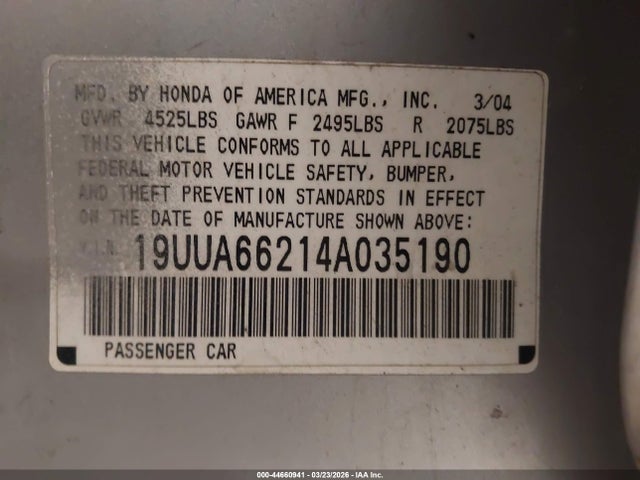 Aukcja sprzedaży 2004 Acura Tl, vin: 19UUA66214A035190, numer aukcji: 44660941