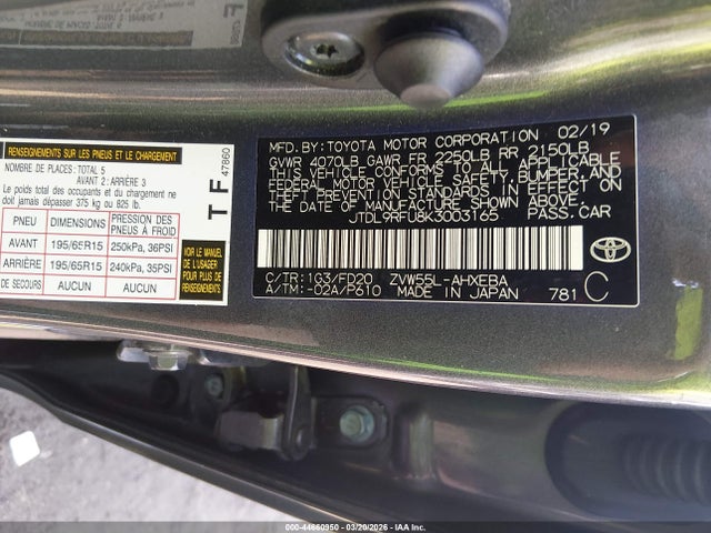 44660950 :رقم المزاد ، JTDL9RFU8K3003165 vin ، 2019 Toyota Prius Le مزاد بيع