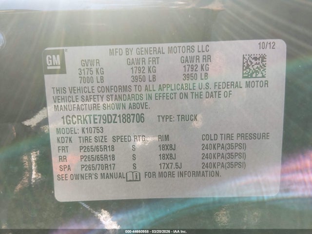 Продаж на аукціоні авто 2013 Chevrolet Silverado 1500 Ltz, vin: 1GCRKTE79DZ188706, номер лоту: 44660958