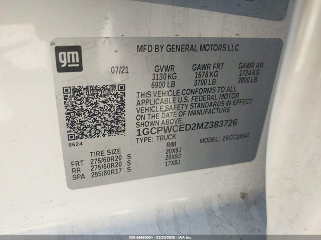 2021 Chevrolet Silverado 1500 2wd  Short Bed Lt მანქანა იყიდება აუქციონზე, vin: 1GCPWCED2MZ383726, აუქციონის ნომერი: 44660991