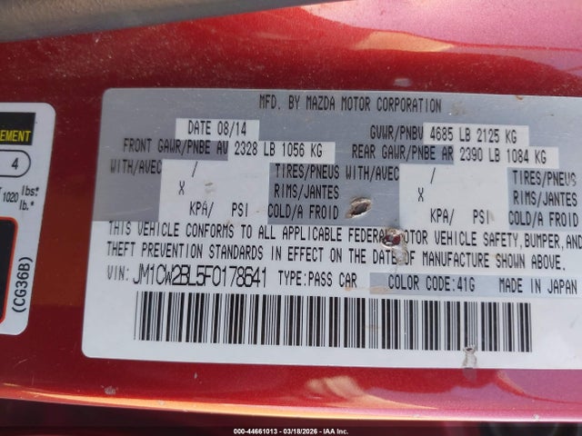 44661013 :رقم المزاد ، JM1CW2BL5F0178641 vin ، 2015 Mazda Mazda5 Sport مزاد بيع