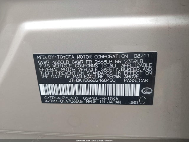 Продаж на аукціоні авто 2011 Lexus Es 350, vin: JTHBK1EG6B2468450, номер лоту: 44661024