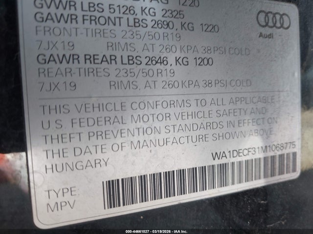 44661027 :رقم المزاد ، WA1DECF31M1068775 vin ، 2021 Audi Q3 Premium 45 Tfsi S Line Quattro Tiptronic مزاد بيع