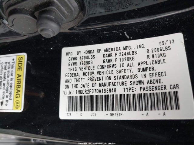 Aukcja sprzedaży 2013 Honda Accord Lx, vin: 1HGCR2F37DA198948, numer aukcji: 44661043