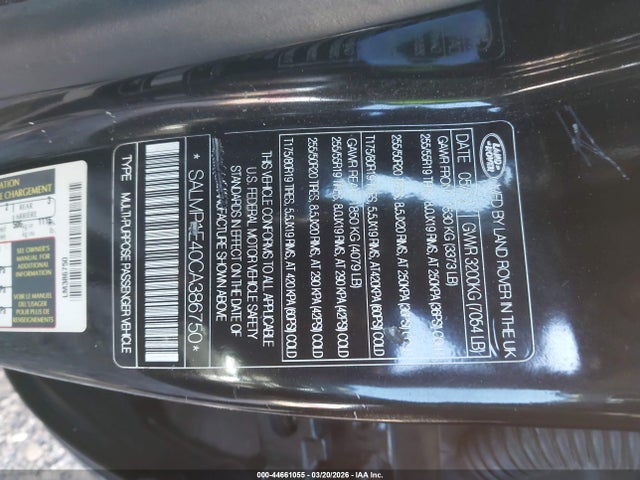44661055 :رقم المزاد ، SALMP1E40CA386750 vin ، 2012 Land Rover Range Rover Supercharged مزاد بيع