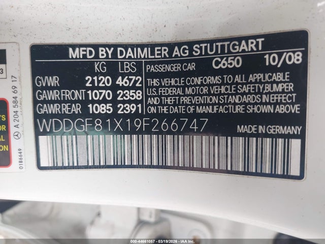 Продаж на аукціоні авто 2009 Mercedes-benz C 300 Luxury 4matic/sport 4matic, vin: WDDGF81X19F266747, номер лоту: 44661057