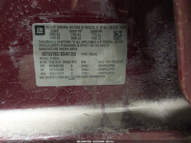 Продажа на аукционе авто 2014 Gmc Sierra 1500 Slt, vin: 3GTU2VEC1EG461352, номер лота: 44661066