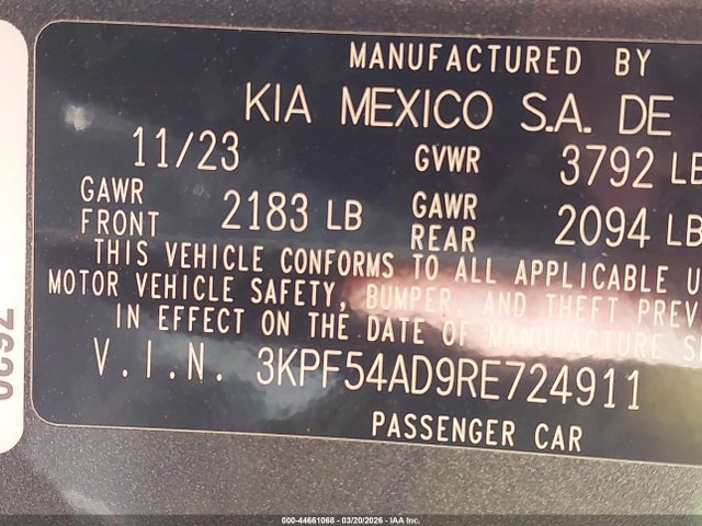 44661068 :رقم المزاد ، 3KPF54AD9RE724911 vin ، 2024 Kia Forte Gt-line مزاد بيع