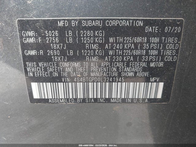 2020 SUBARU OUTBACK 4S4BTGPD0L3241945 Photo 8