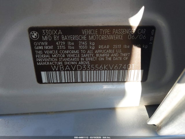 Продаж на аукціоні авто 2006 Bmw 330xi, vin: WBAVD33556KV67401, номер лоту: 44661112