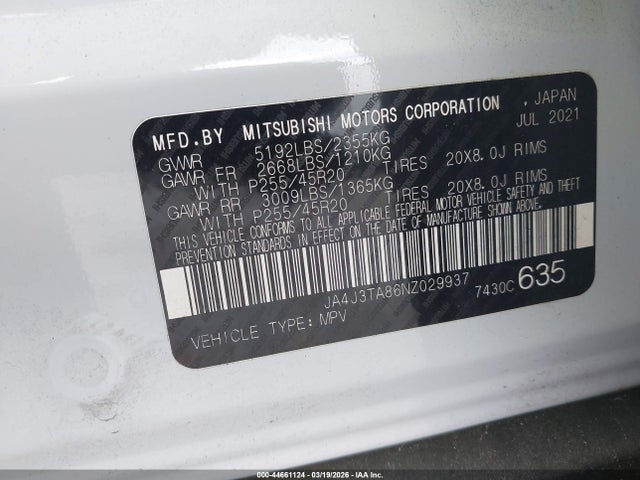 Aukcja sprzedaży 2022 Mitsubishi Outlander Es 2.5 2wd, vin: JA4J3TA86NZ029937, numer aukcji: 44661124