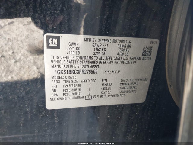 1GKS1BKC3FR276500 GMC YUKON SLT