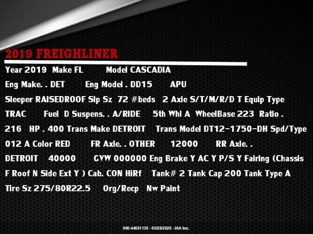 Aukcja sprzedaży 2019 Freightliner New Cascadia 126, vin: 3AKJHHDR9KSKC2681, numer aukcji: 44661136