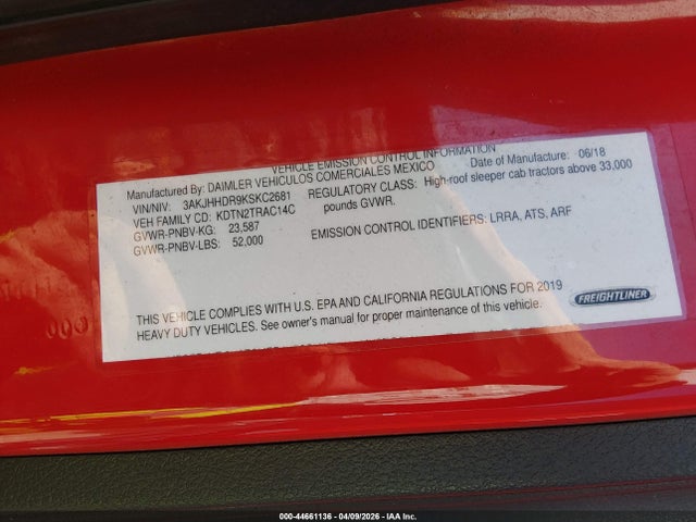 Aukcja sprzedaży 2019 Freightliner New Cascadia 126, vin: 3AKJHHDR9KSKC2681, numer aukcji: 44661136