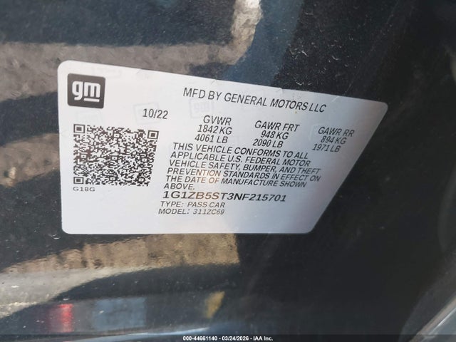 Aukcja sprzedaży 2022 Chevrolet Malibu Fwd Ls, vin: 1G1ZB5ST3NF215701, numer aukcji: 44661140