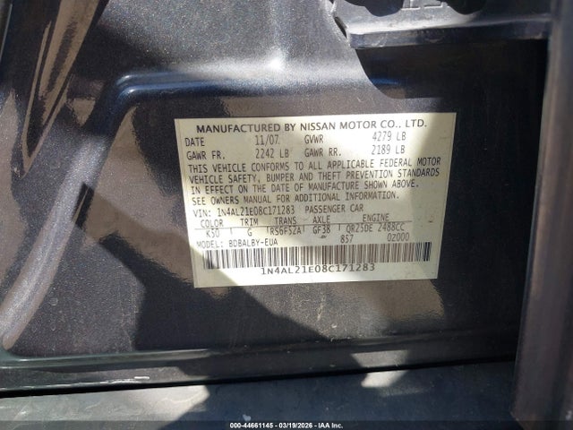 2008 Nissan Altima 2.5 S მანქანა იყიდება აუქციონზე, vin: 1N4AL21E08C171283, აუქციონის ნომერი: 44661145