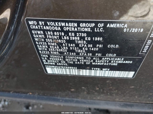 Aukcja sprzedaży 2019 Volkswagen Atlas 3.6l V6 Se W/technology, vin: 1V2UR2CA7KC535544, numer aukcji: 44661163