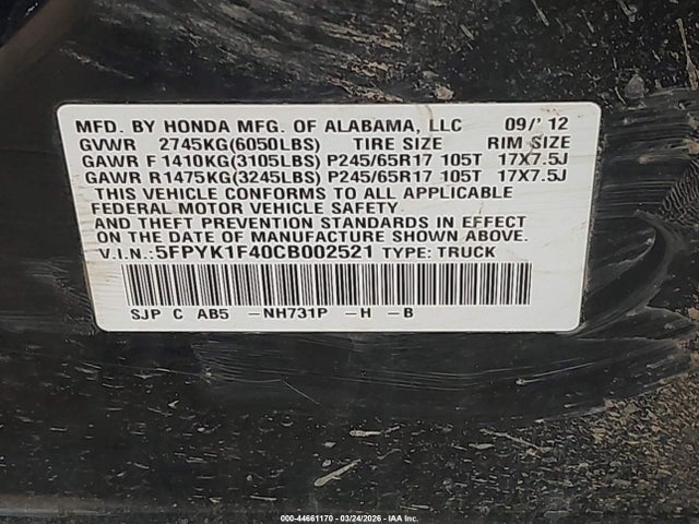 2012 Honda Ridgeline Rts მანქანა იყიდება აუქციონზე, vin: 5FPYK1F40CB002521, აუქციონის ნომერი: 44661170