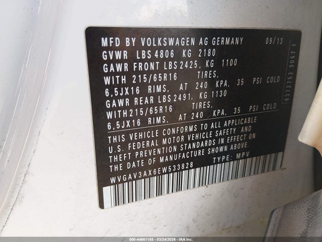 Aukcja sprzedaży 2014 Volkswagen Tiguan S, vin: WVGAV3AX6EW533828, numer aukcji: 44661185