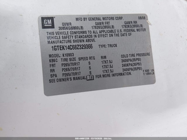 2008 Gmc Sierra 1500 Work Truck მანქანა იყიდება აუქციონზე, vin: 1GTEK14C68Z329366, აუქციონის ნომერი: 44661239