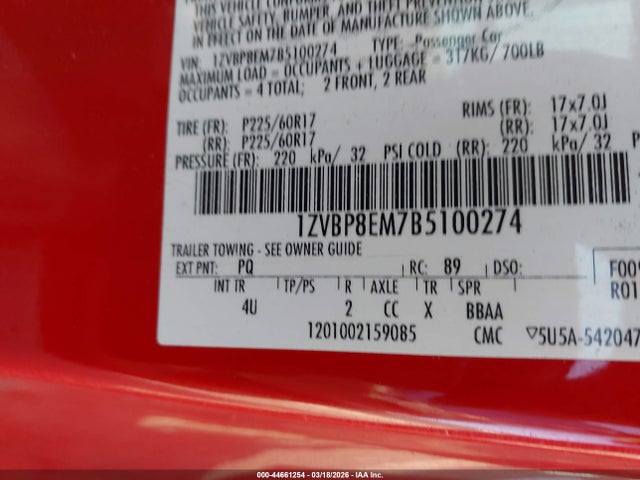 2011 FORD MUSTANG 1ZVBP8EM7B5100274 Photo 8