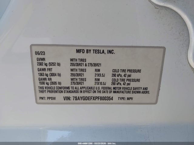 44661288 :رقم المزاد ، 7SAYGDEFXPF800354 vin ، 2023 Tesla Model Y Performance Dual Motor All-wheel Drive مزاد بيع
