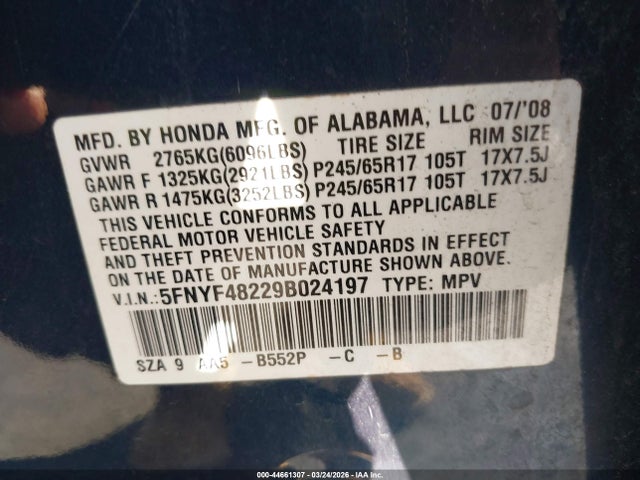 2009 Honda Pilot Lx მანქანა იყიდება აუქციონზე, vin: 5FNYF48229B024197, აუქციონის ნომერი: 44661307