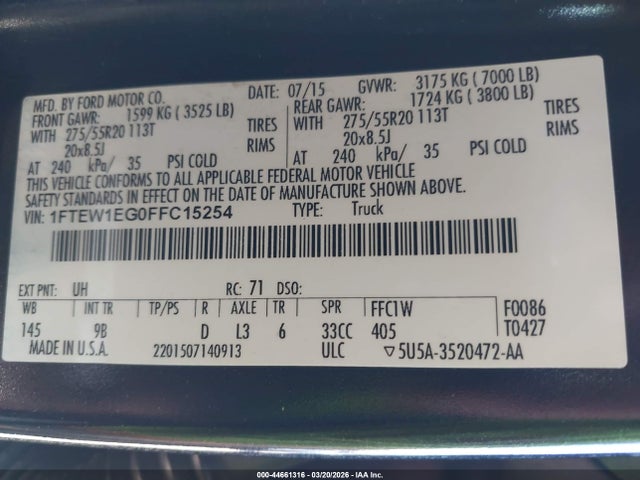 Ford F-150 Platinum 2015 1FTEW1EG0FFC15254 Image 9