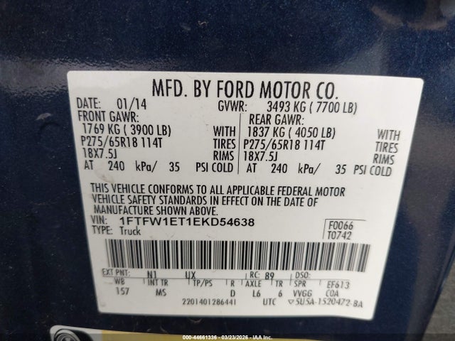 Aukcja sprzedaży 2014 Ford F-150 Xlt, vin: 1FTFW1ET1EKD54638, numer aukcji: 44661336