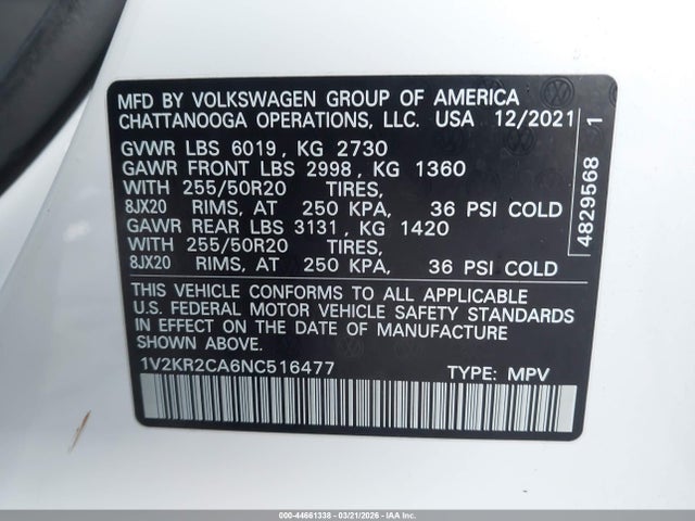 2022 Volkswagen Atlas 3.6l V6 Se W/technology მანქანა იყიდება აუქციონზე, vin: 1V2KR2CA6NC516477, აუქციონის ნომერი: 44661338