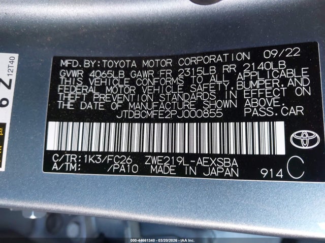 JTDBCMFE2PJ000855 Toyota Corolla Hybrid Se