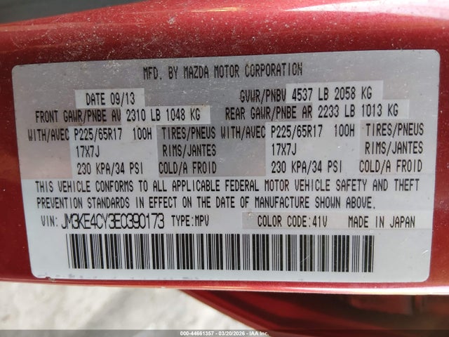 44661357 :رقم المزاد ، JM3KE4CY3E0390173 vin ، 2014 Mazda Cx-5 Touring مزاد بيع