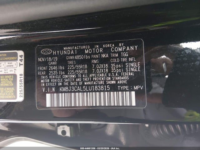 2020 Hyundai Tucson Sel მანქანა იყიდება აუქციონზე, vin: KM8J3CAL5LU183815, აუქციონის ნომერი: 44661356