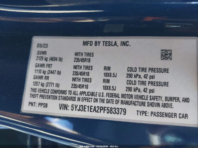 Aukcja sprzedaży 2023 Tesla Model 3 Rear-wheel Drive, vin: 5YJ3E1EA2PF583379, numer aukcji: 44661359