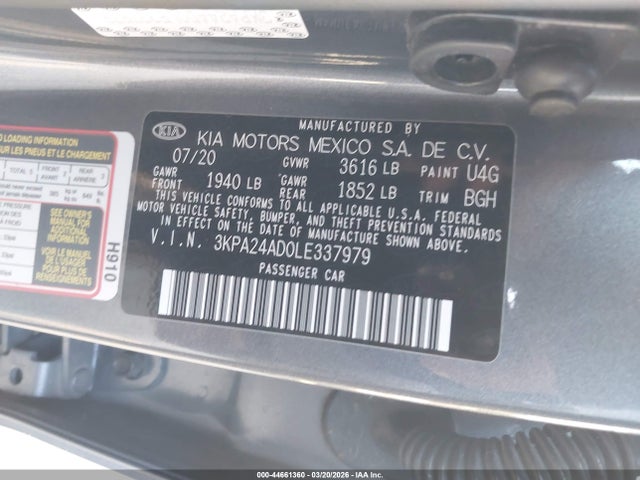 Aukcja sprzedaży 2020 Kia Rio S, vin: 3KPA24AD0LE337979, numer aukcji: 44661360