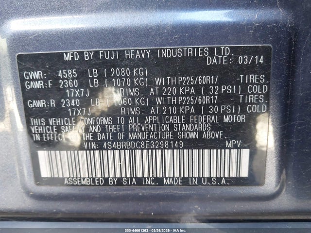 4S4BRBDC8E3298149 Subaru Outback 2.5i Premium