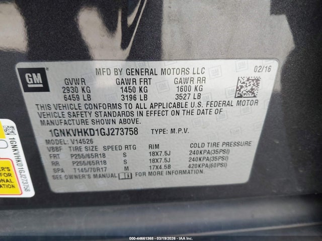 1GNKVHKD1GJ273758 Chevrolet Traverse 2lt