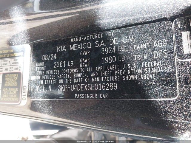 Aukcja sprzedaży 2025 Kia K4 Ex, vin: 3KPFU4DEXSE016289, numer aukcji: 44661377