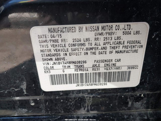 44661378 :رقم المزاد ، JN1BV7AR8FM408296 vin ، 2015 Infiniti Q50 Premium مزاد بيع