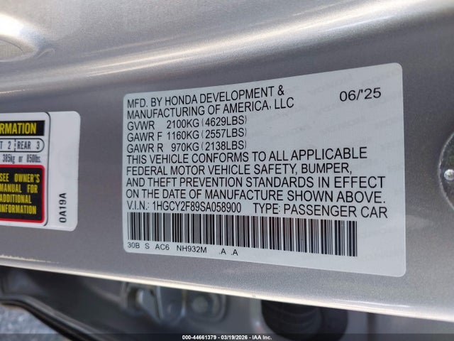 1HGCY2F89SA058900 Honda Accord Hybrid Touring