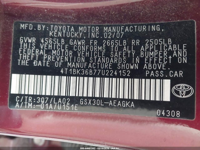 2007 TOYOTA AVALON 4T1BK36B77U224152 Photo 8
