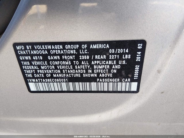 Продаж на аукціоні авто 2014 Volkswagen Passat 1.8t Wolfsburg Edition, vin: 1VWAT7A38EC090031, номер лоту: 44661383