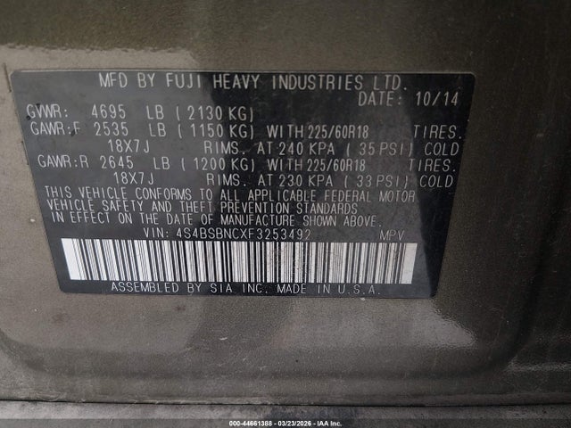 4S4BSBNCXF3253492 Subaru Outback 2.5i Limited