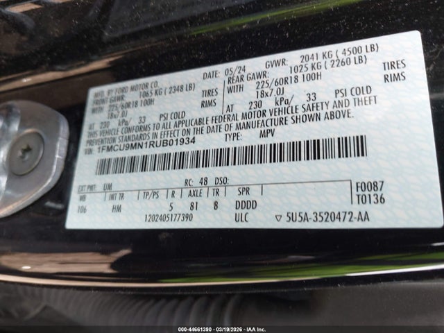 44661390 :رقم المزاد ، 1FMCU9MN1RUB01934 vin ، 2024 Ford Escape St-line مزاد بيع