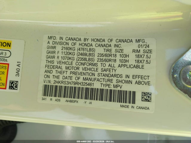 44661392 :رقم المزاد ، 2HKRS3H79RH325461 vin ، 2024 Honda Cr-v Ex-l 2wd مزاد بيع