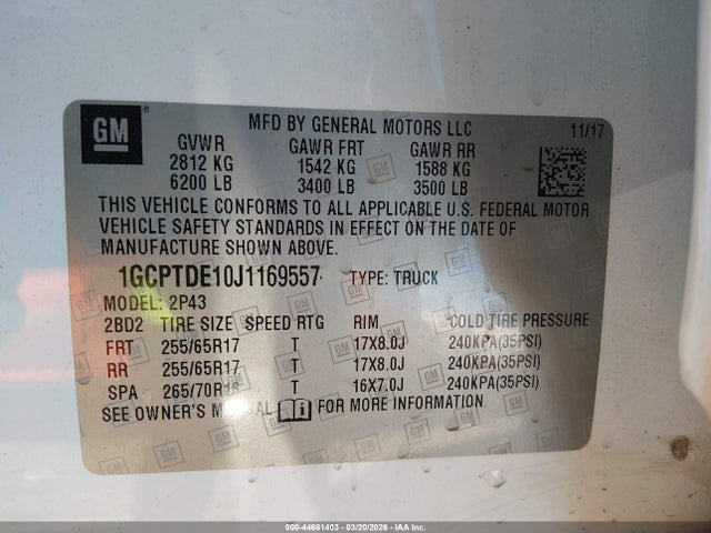 Aukcja sprzedaży 2018 Chevrolet Colorado Z71, vin: 1GCPTDE10J1169557, numer aukcji: 44661403