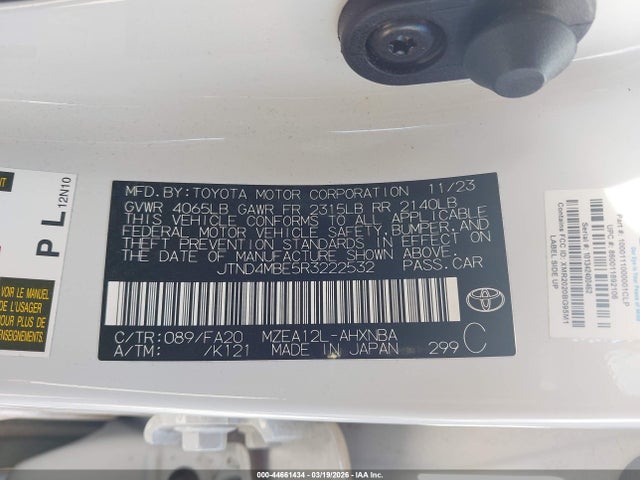 Aukcja sprzedaży 2024 Toyota Corolla Se, vin: JTND4MBE5R3222532, numer aukcji: 44661434